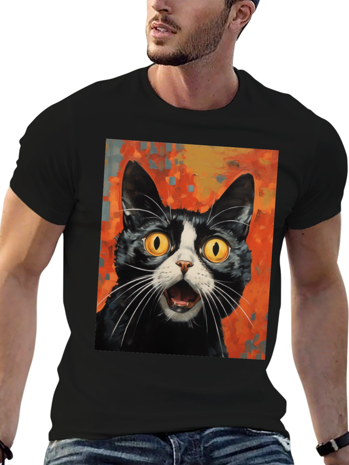Shocked Cat Graphic Tee - Black Cotton T-Shirt