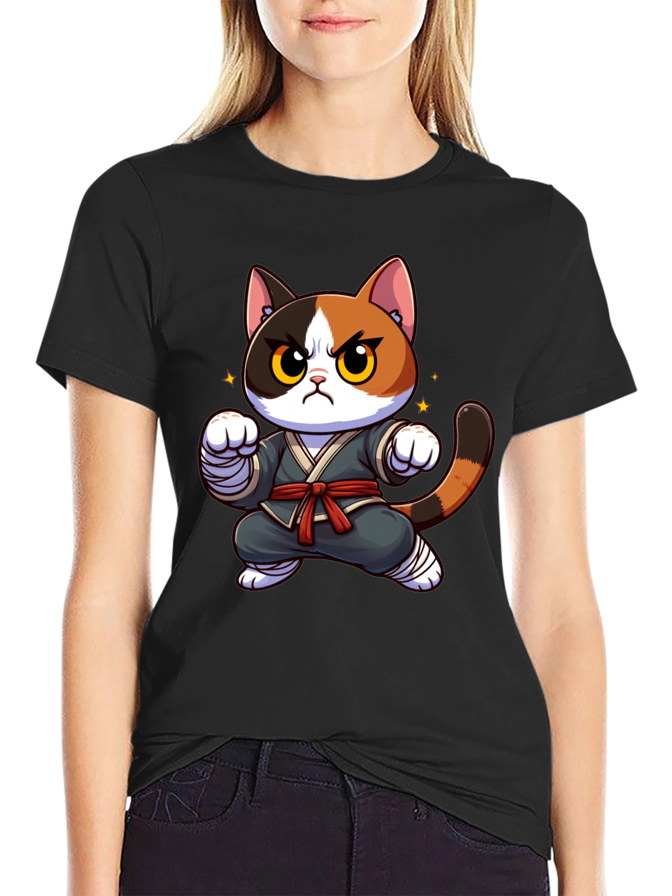 Ninja Cat Graphic T-Shirt - Black Cotton Tee