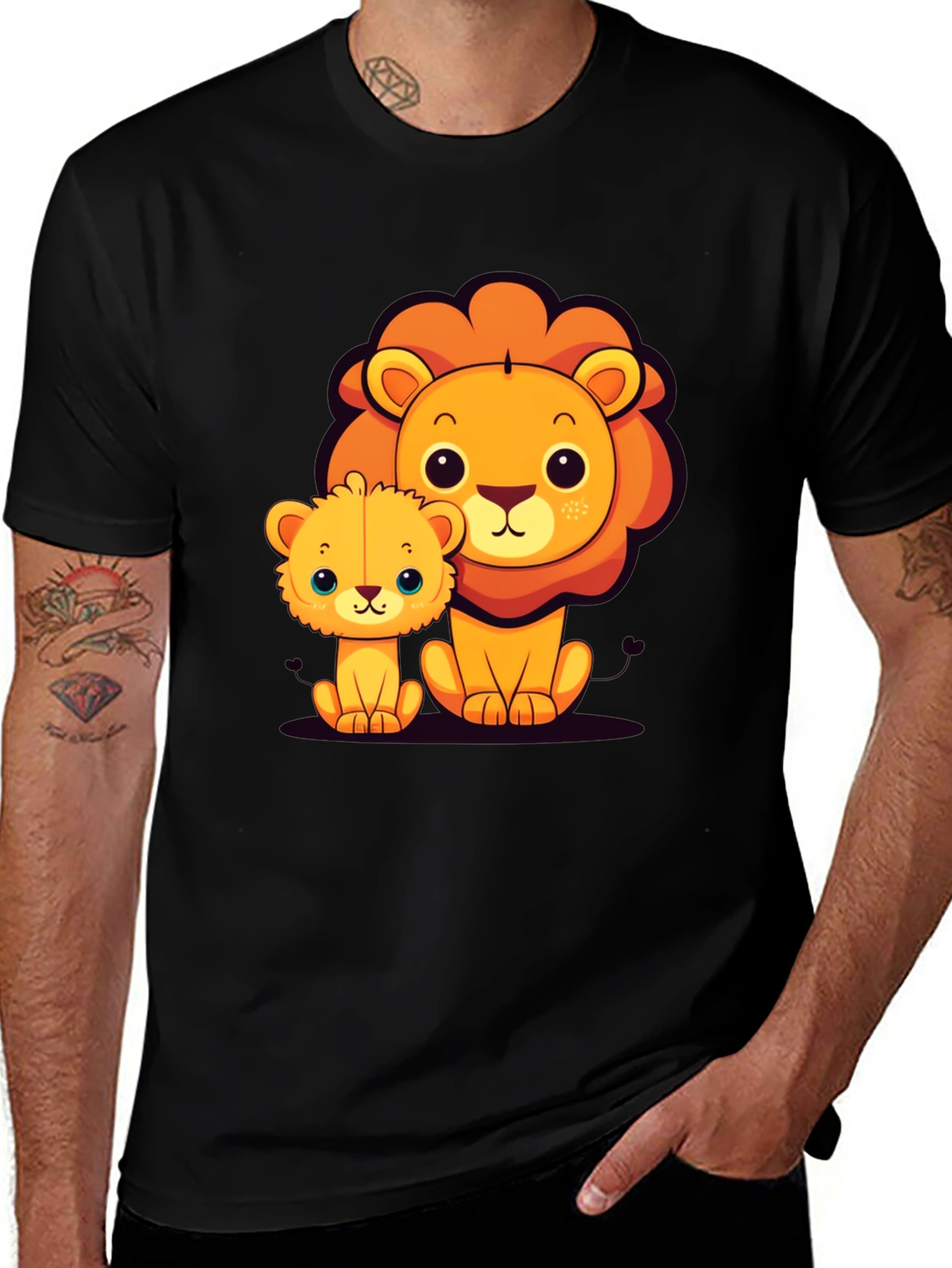 Cute Lion Family Graphic Tee - Black