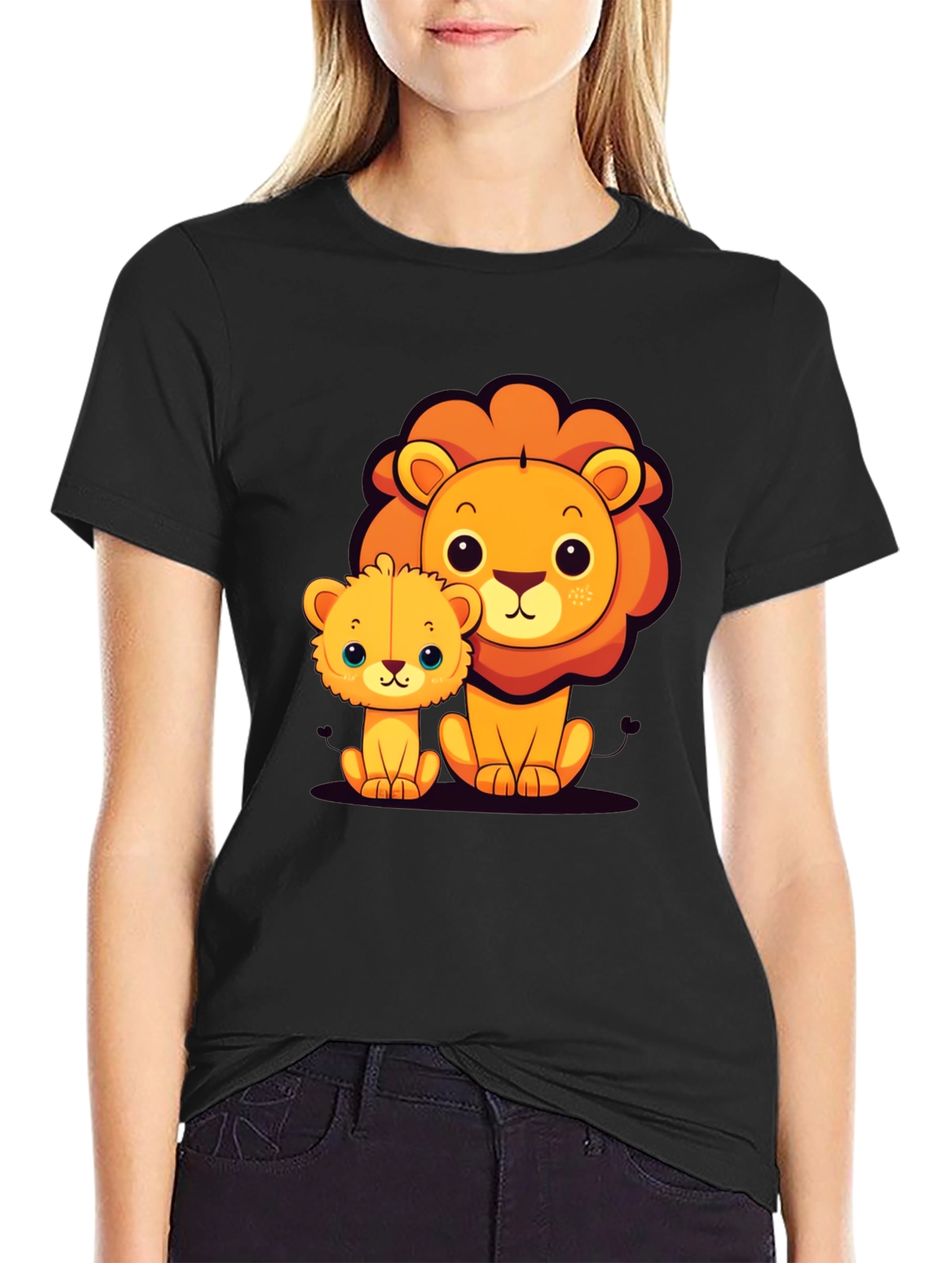 Cute Lion Family Graphic Tee - Black