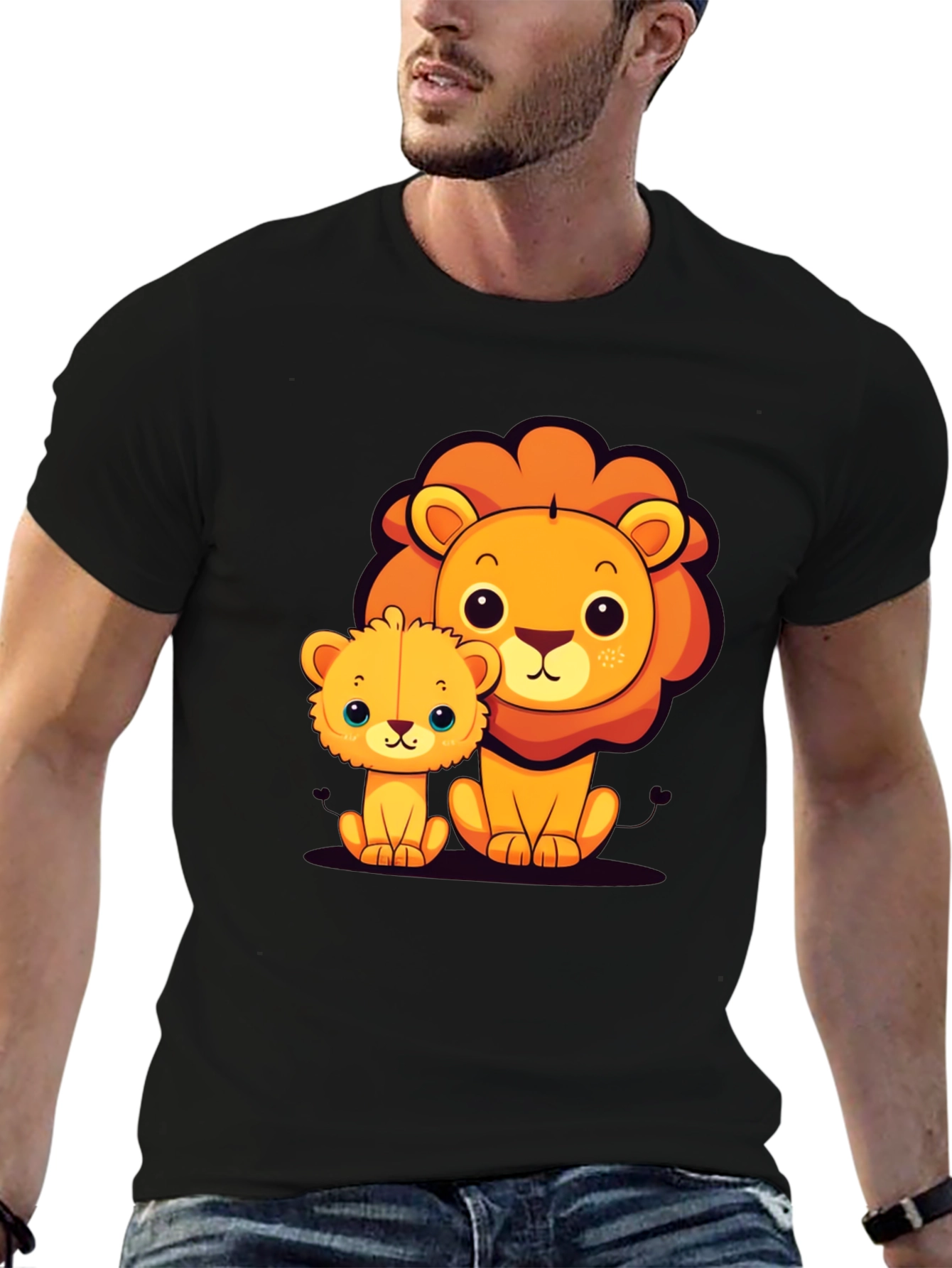Cute Lion Family Graphic Tee - Black