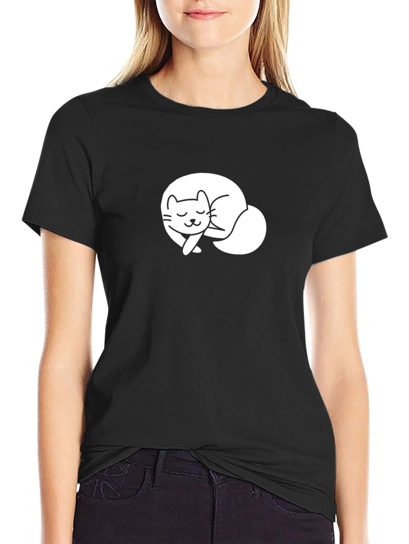 Cute Sleeping Cat Graphic Tee - Black T-Shirt