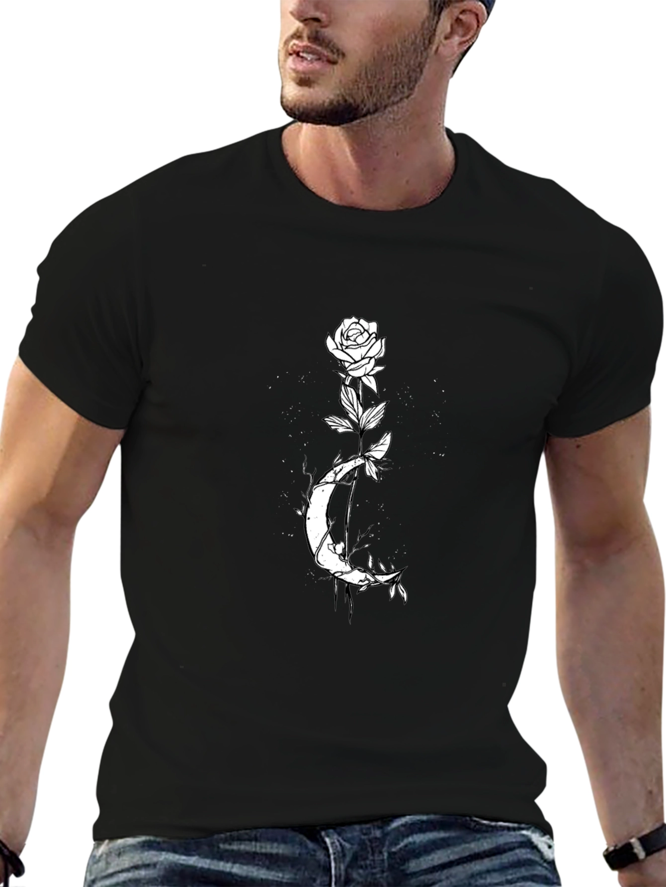Rose Moon Graphic Tee - Black Cotton Casual Shirt