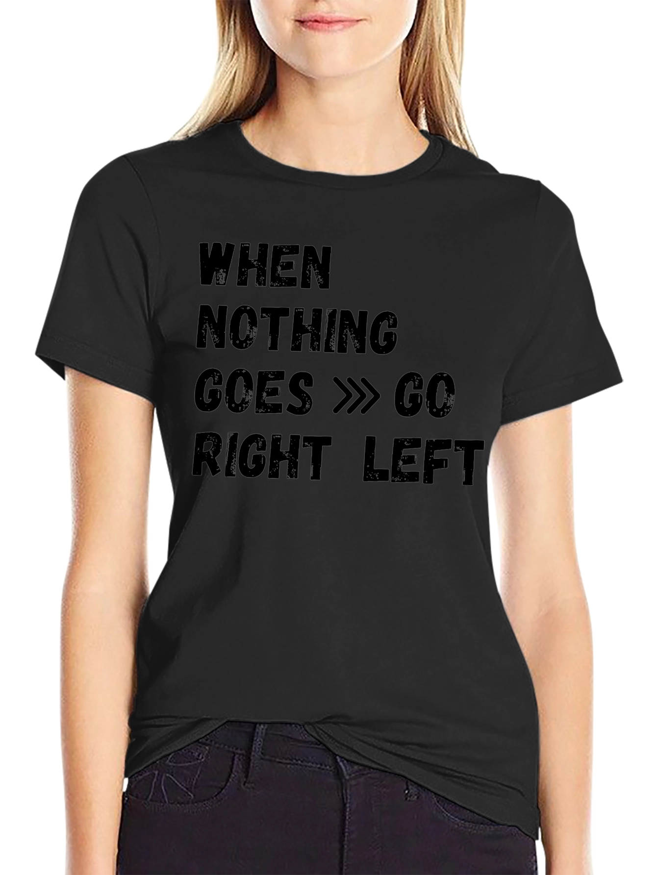 Funny Go Right Left Black Cotton T-Shirt