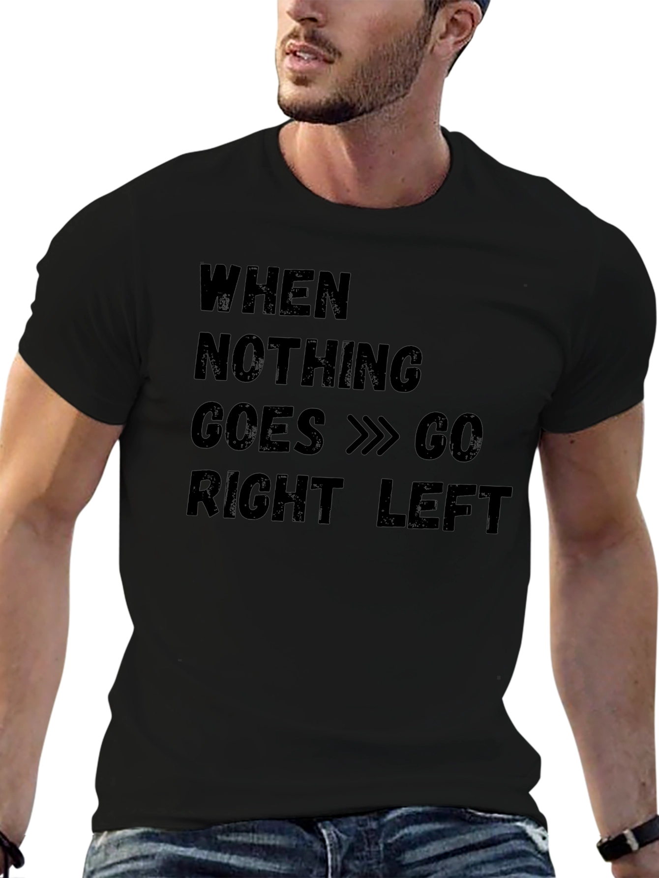 Funny Go Right Left Black Cotton T-Shirt