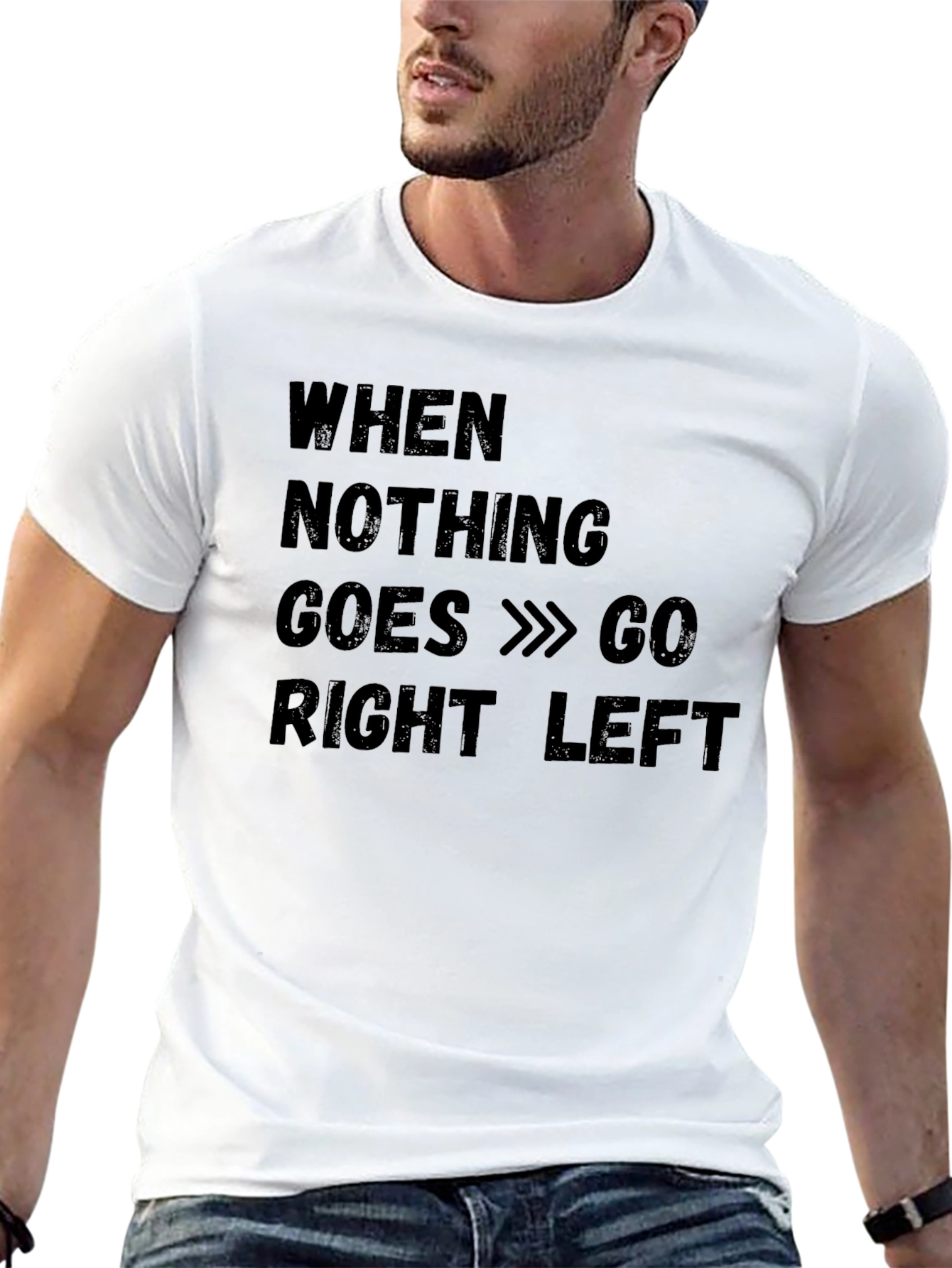 Funny Go Right Left Black Cotton T-Shirt