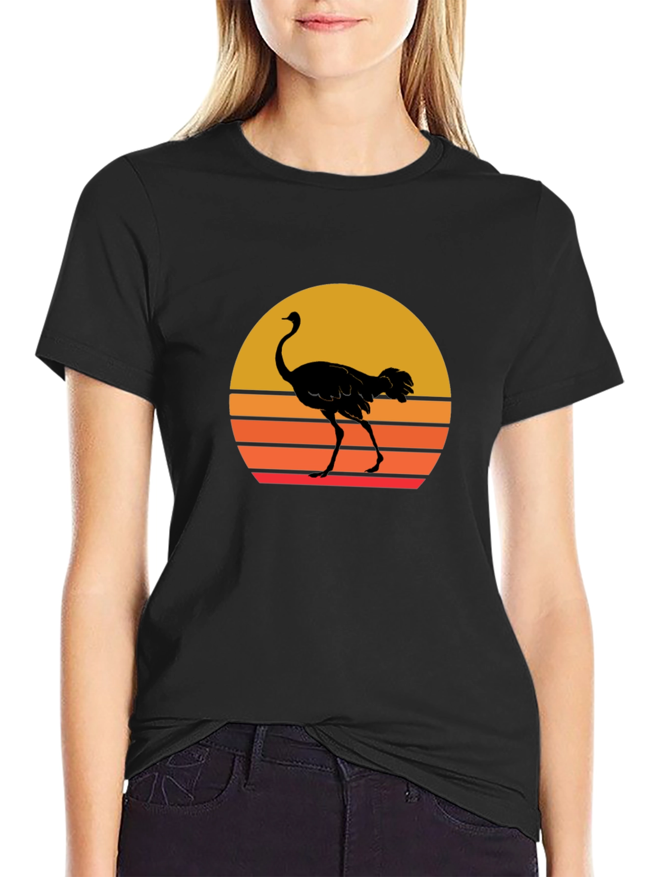 Ostrich Sunset Graphic Tee - Black Cotton T-Shirt