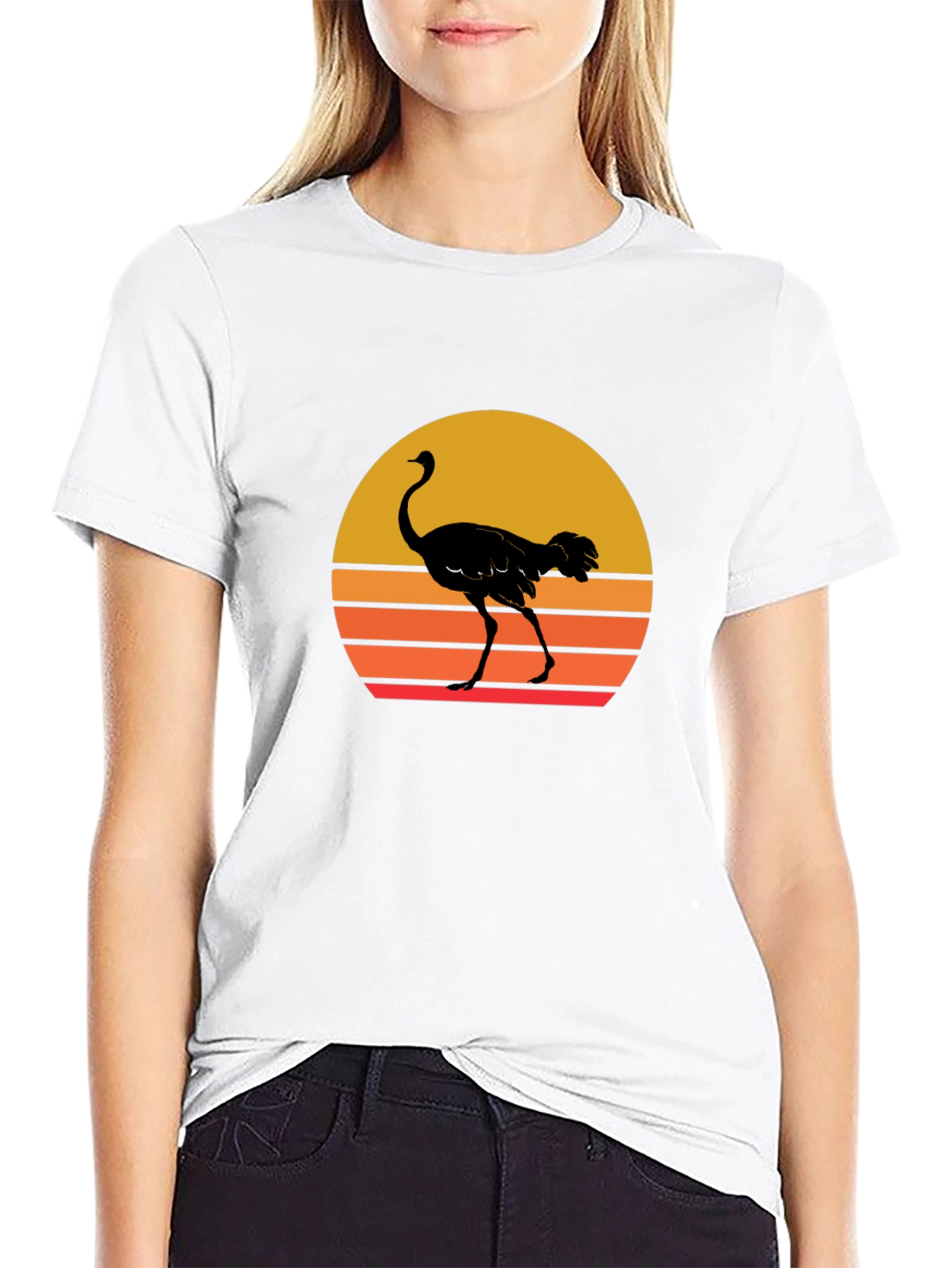 Ostrich Sunset Graphic Tee - Black Cotton T-Shirt