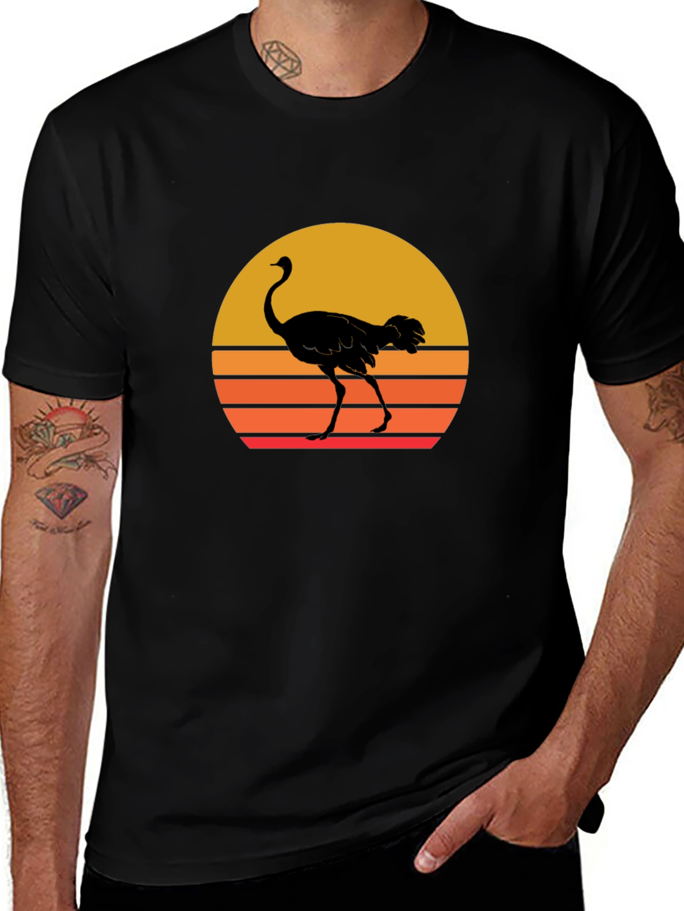 Ostrich Sunset Graphic Tee - Black Cotton T-Shirt