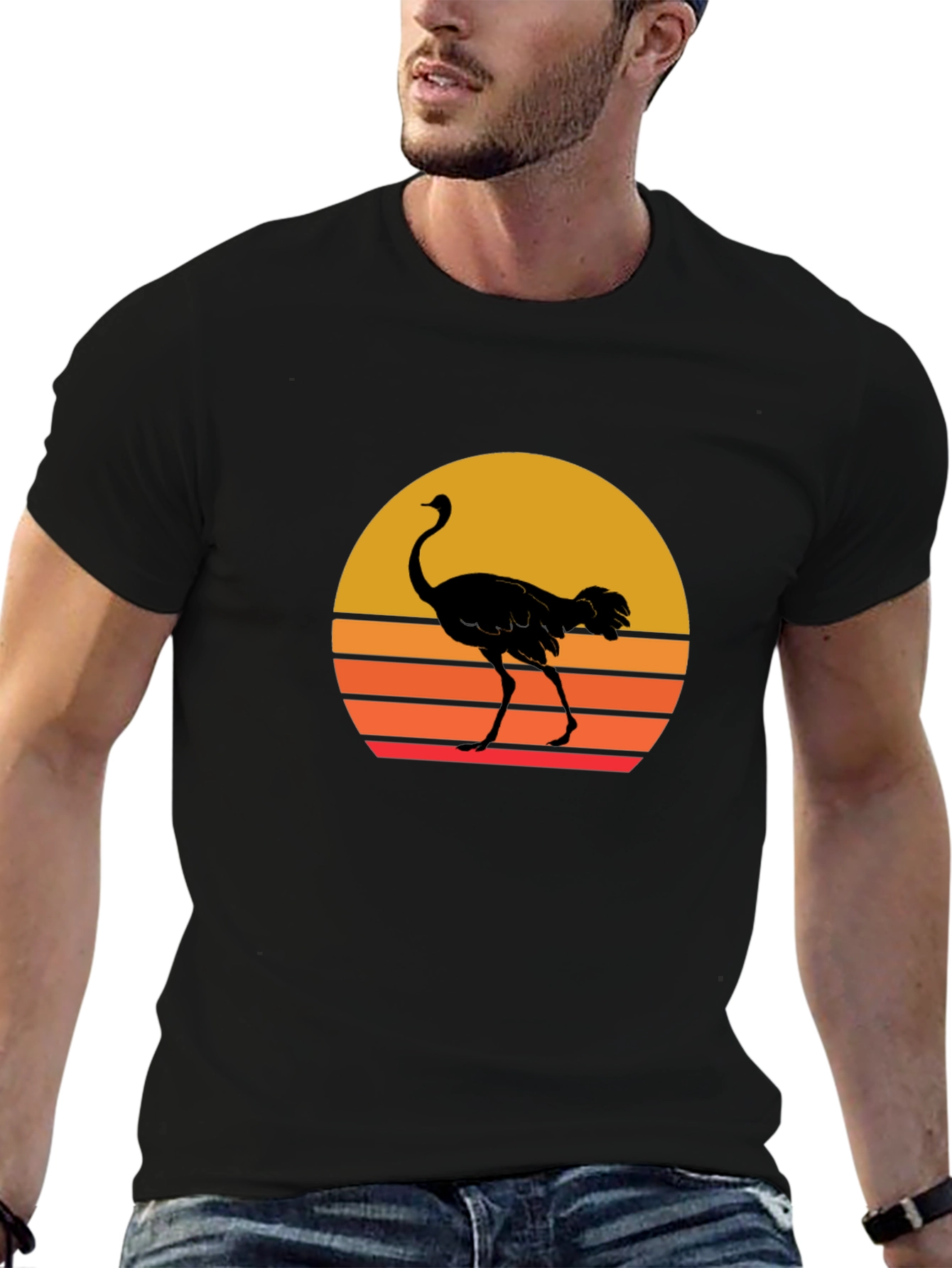 Ostrich Sunset Graphic Tee - Black Cotton T-Shirt