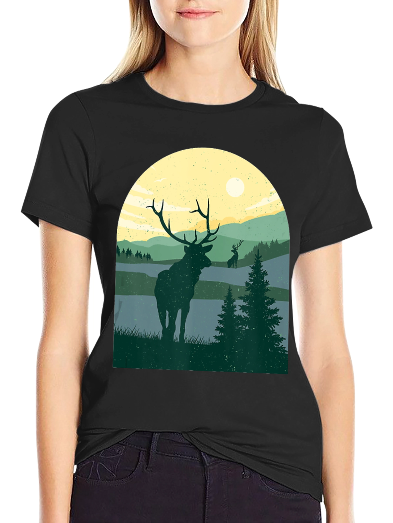 Nature Deer Graphic T-Shirt - Black