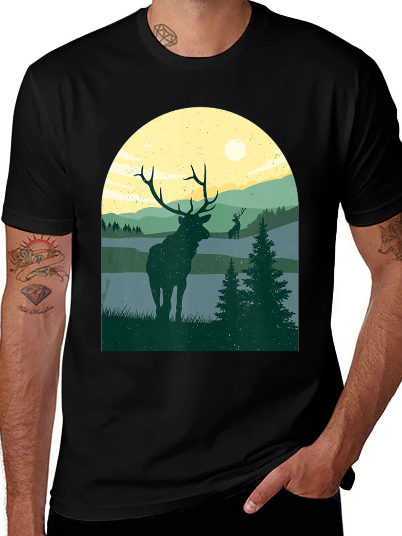Nature Deer Graphic T-Shirt - Black