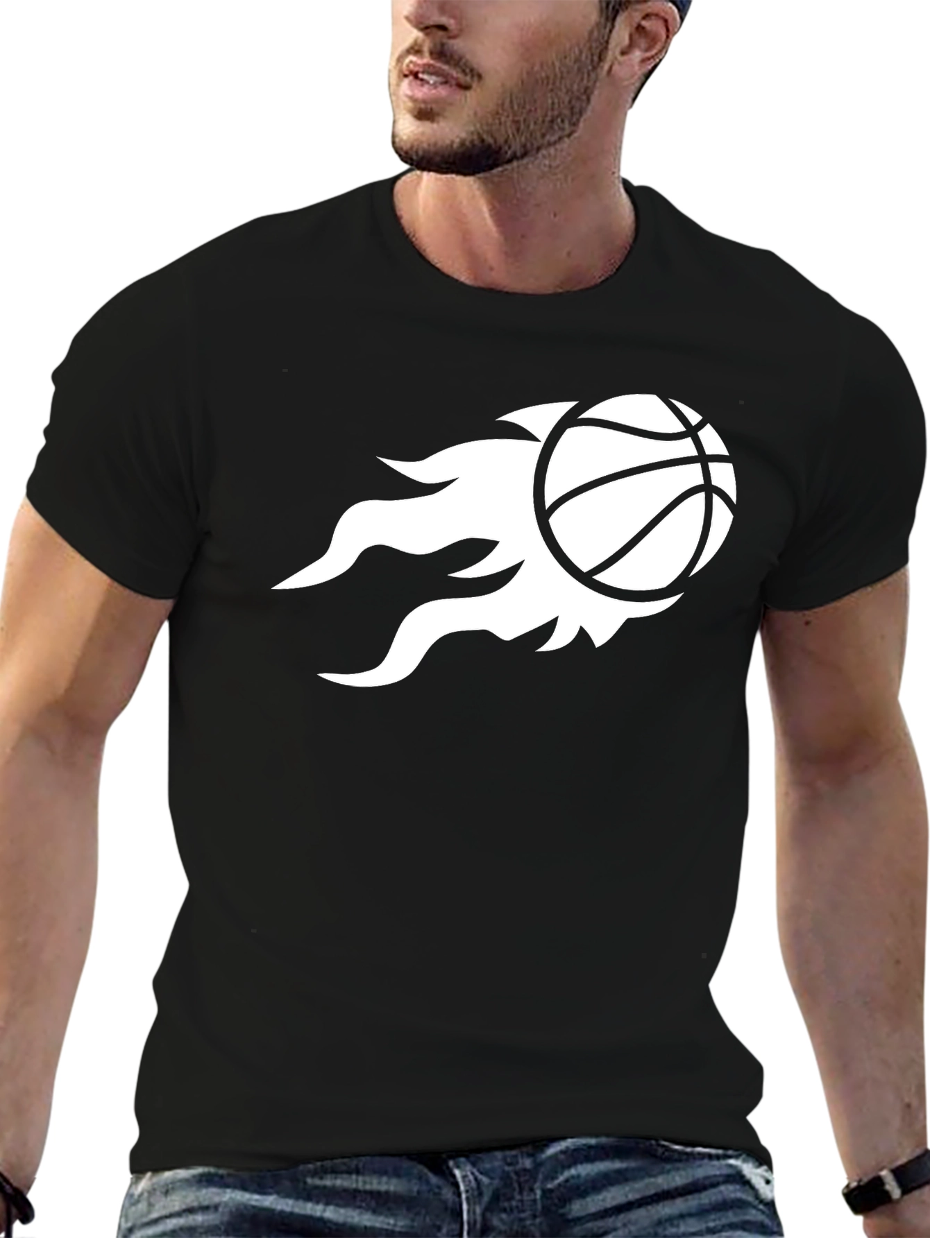 Mens Black T-Shirt with Basketball Flame Design