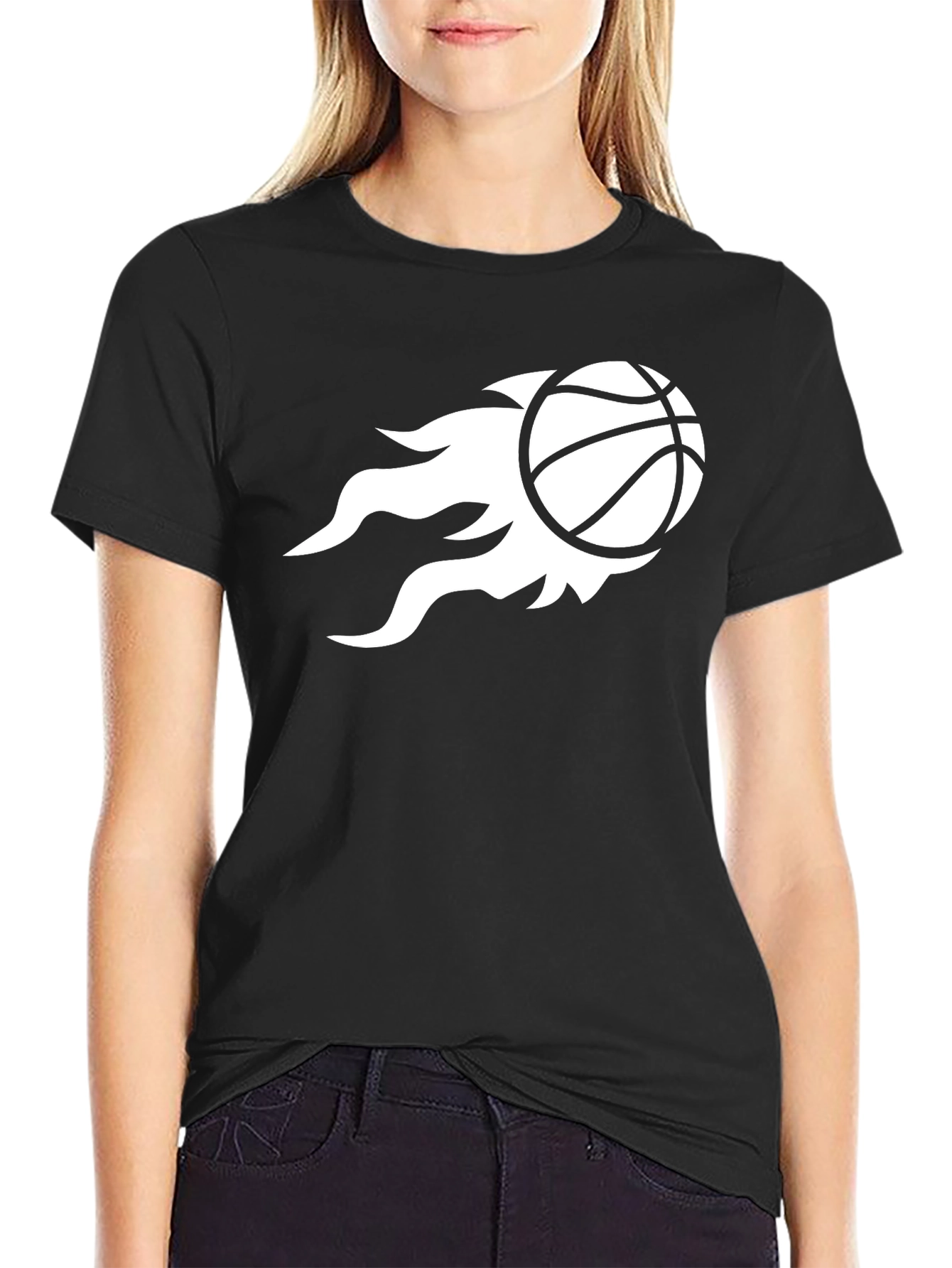 Mens Black T-Shirt with Basketball Flame Design