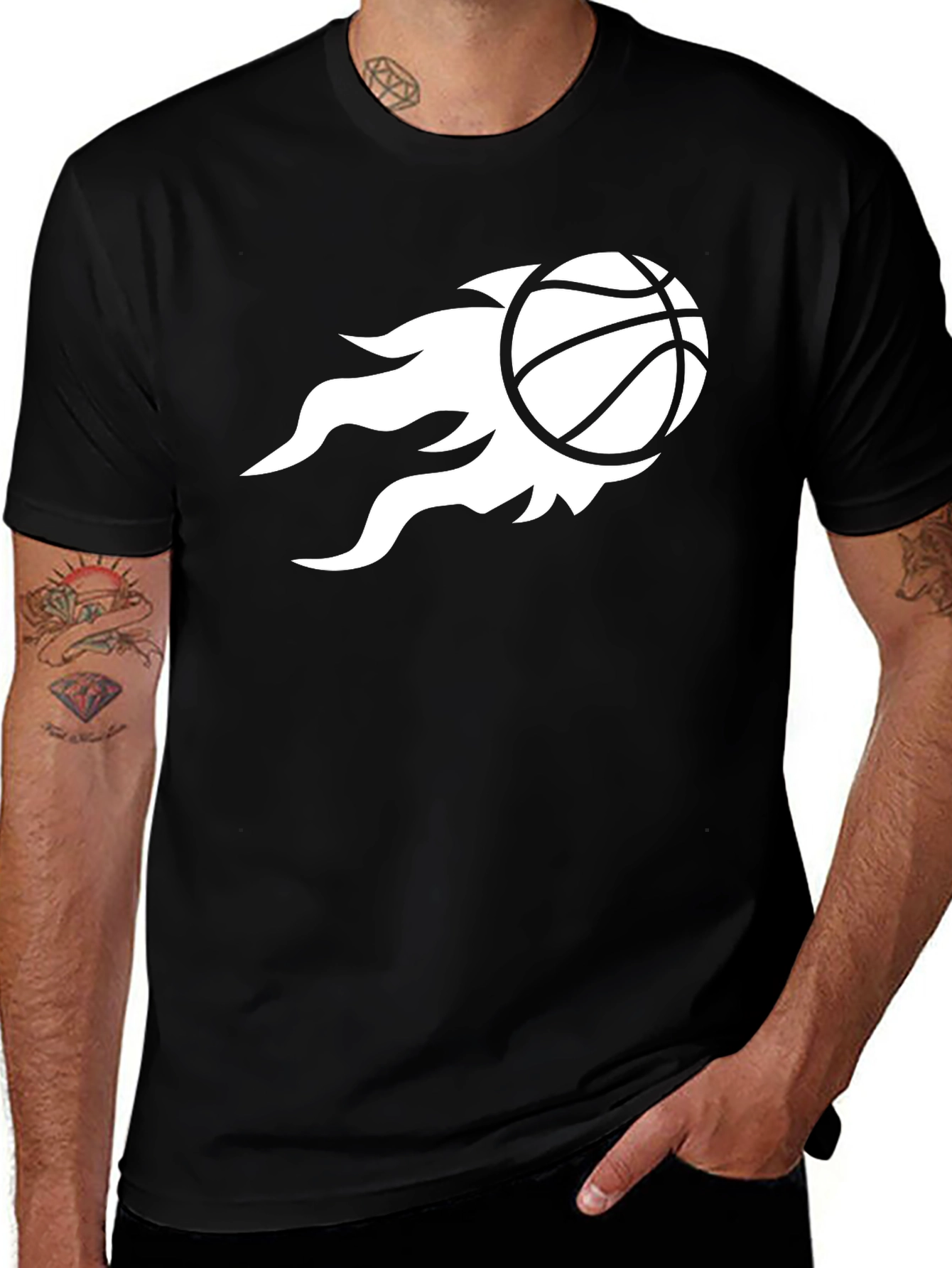 Mens Black T-Shirt with Basketball Flame Design