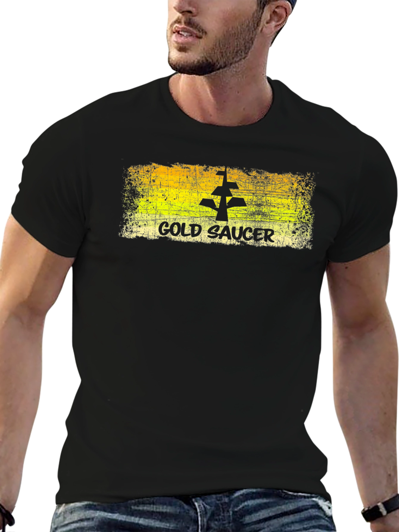 Gold Saucer Retro Graphic Tee - Black Cotton Blend