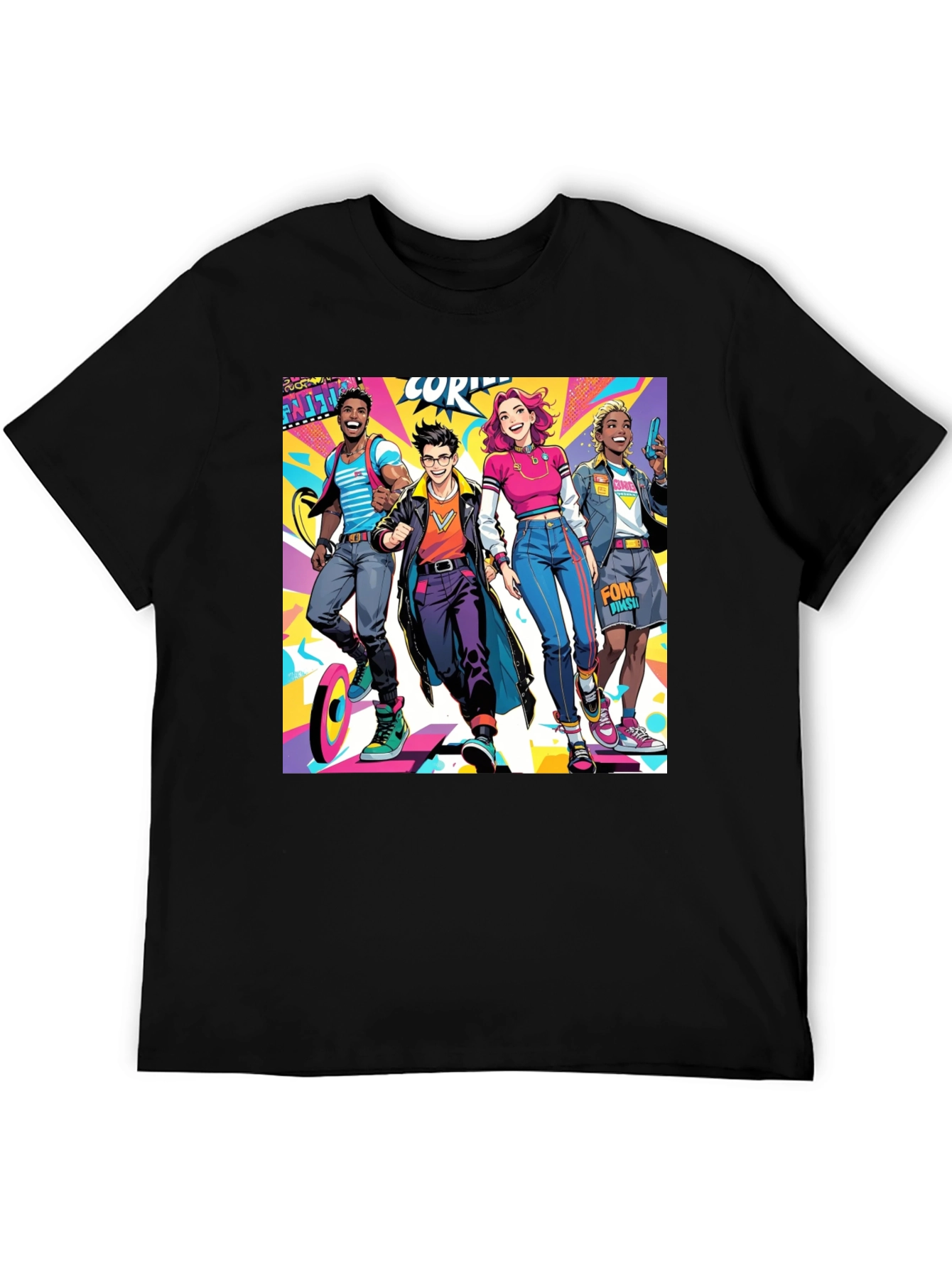 Cartoon Style Crew Graphic Black T-Shirt