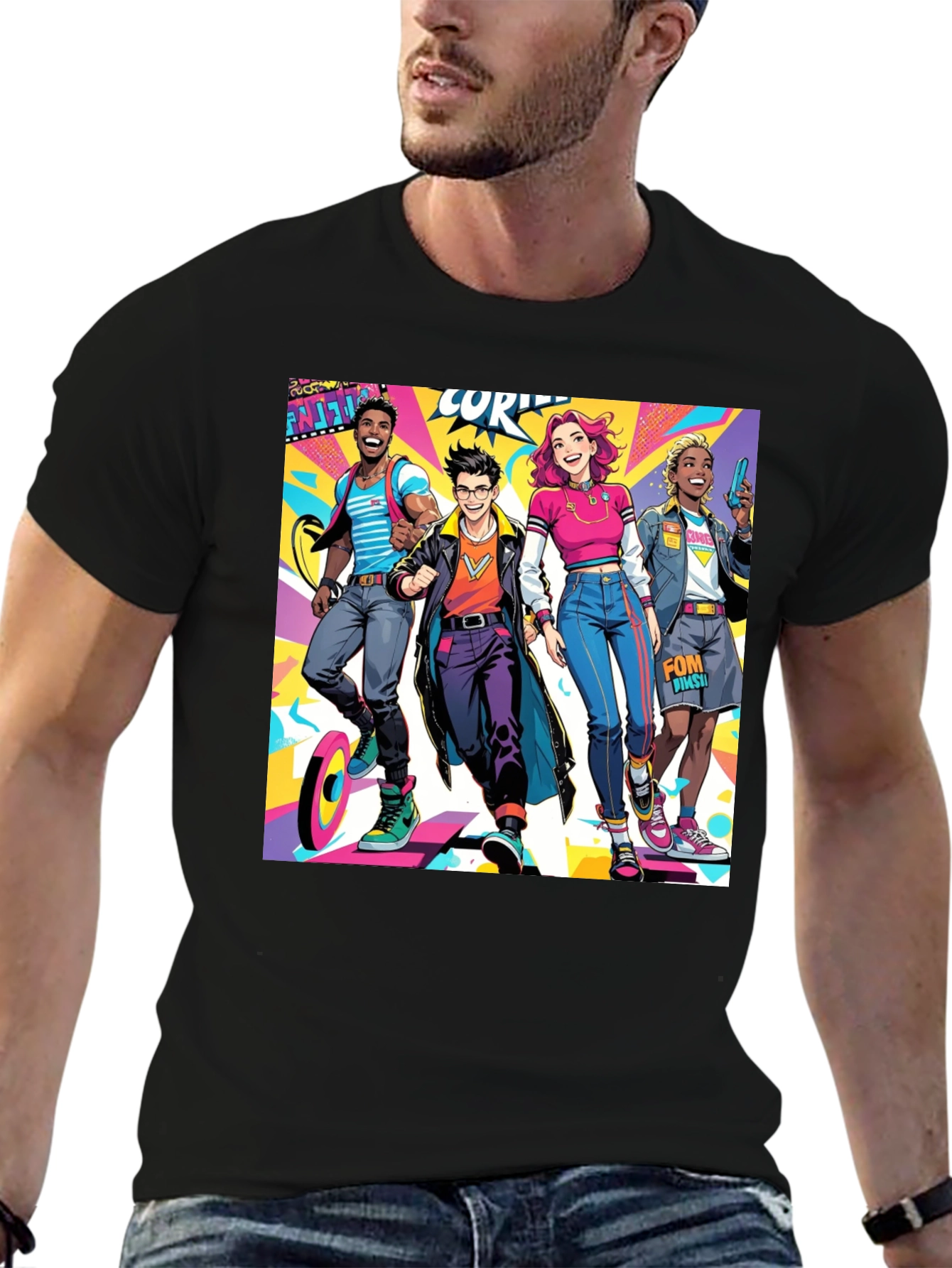 Cartoon Style Crew Graphic Black T-Shirt