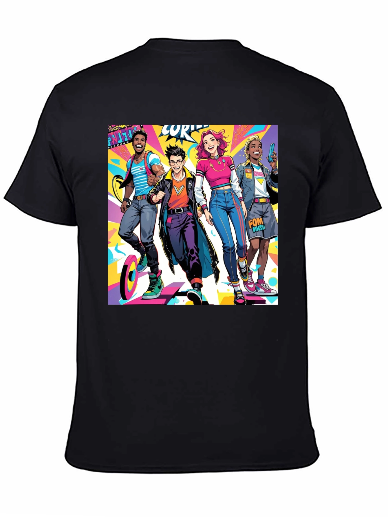 Cartoon Style Crew Graphic Black T-Shirt