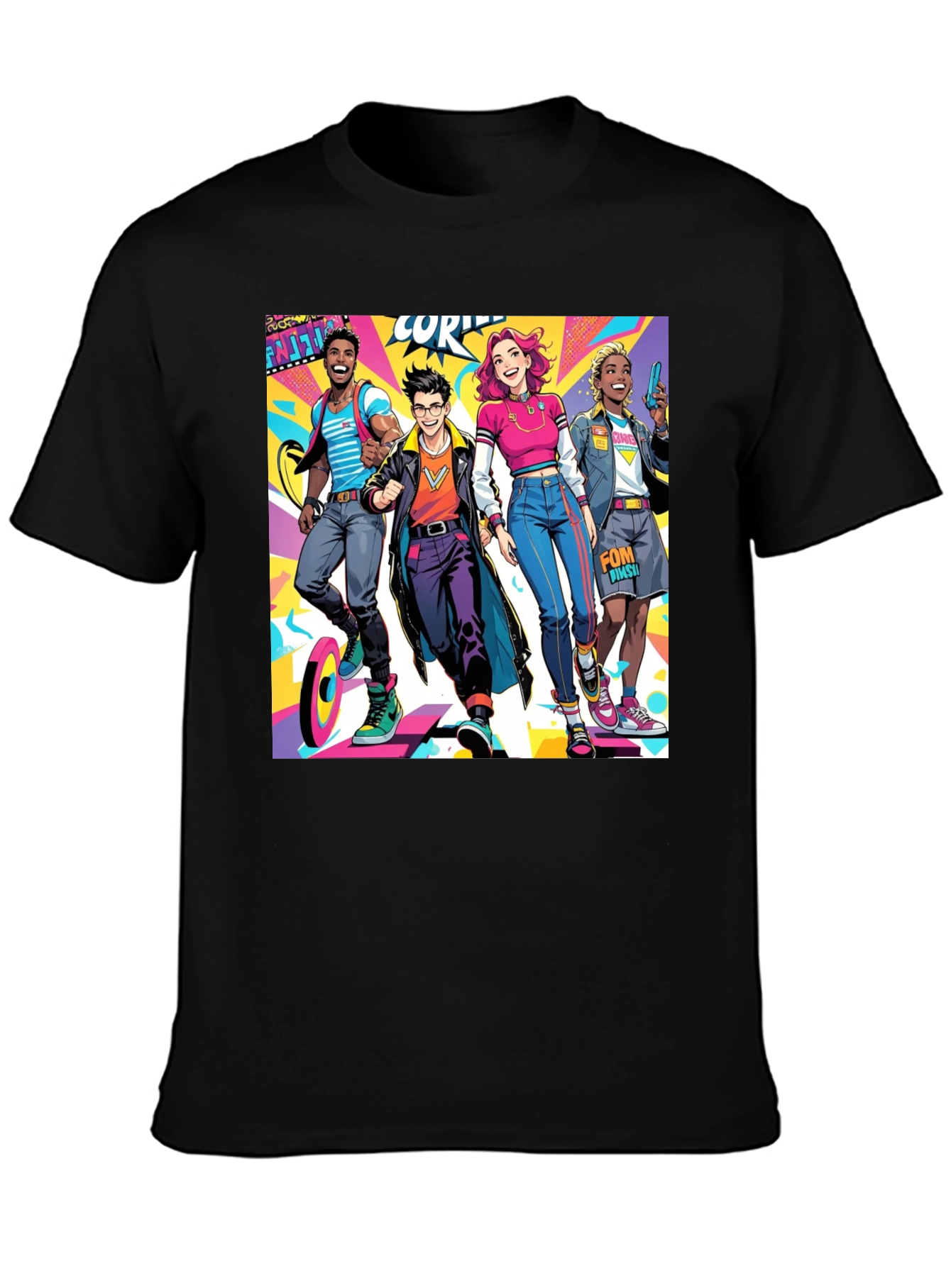 Cartoon Style Crew Graphic Black T-Shirt