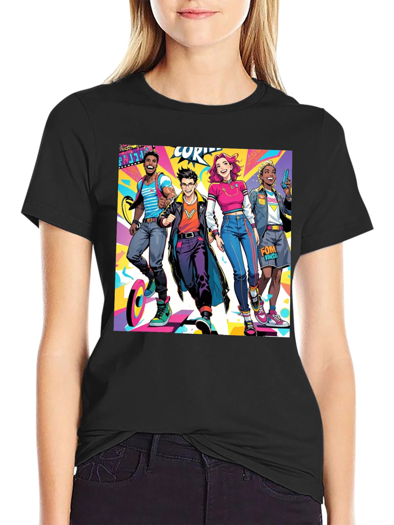 Cartoon Style Crew Graphic Black T-Shirt