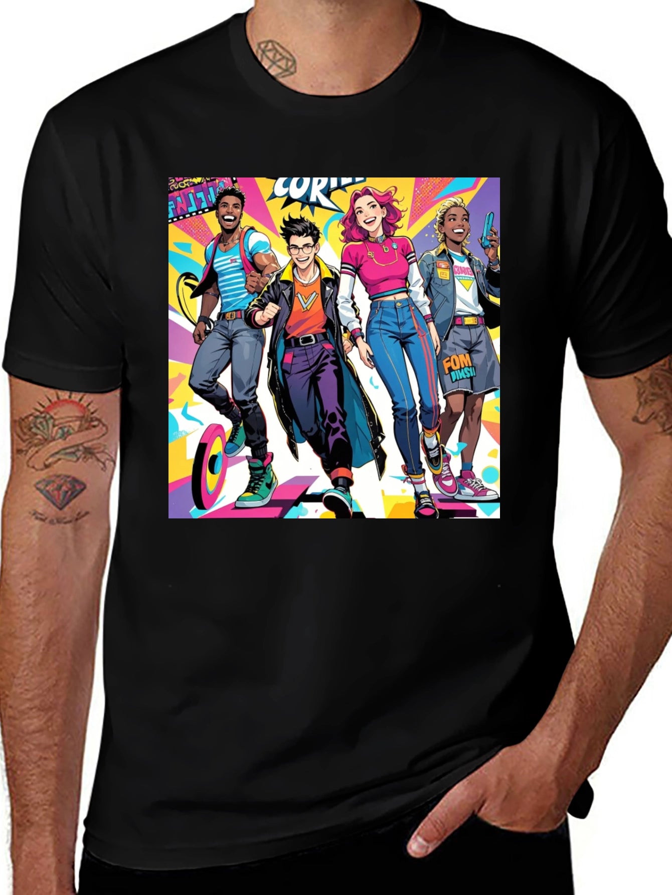 Cartoon Style Crew Graphic Black T-Shirt