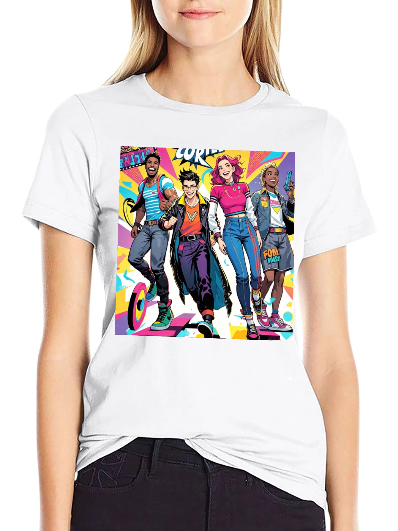 Cartoon Style Crew Graphic Black T-Shirt