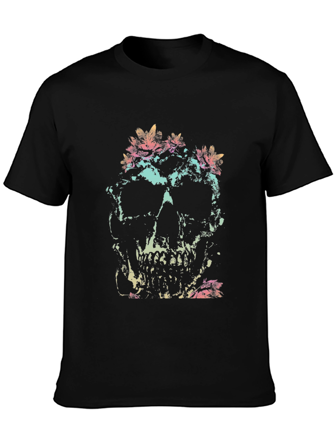 Skull & Floral Graphic Tee - Black Cotton