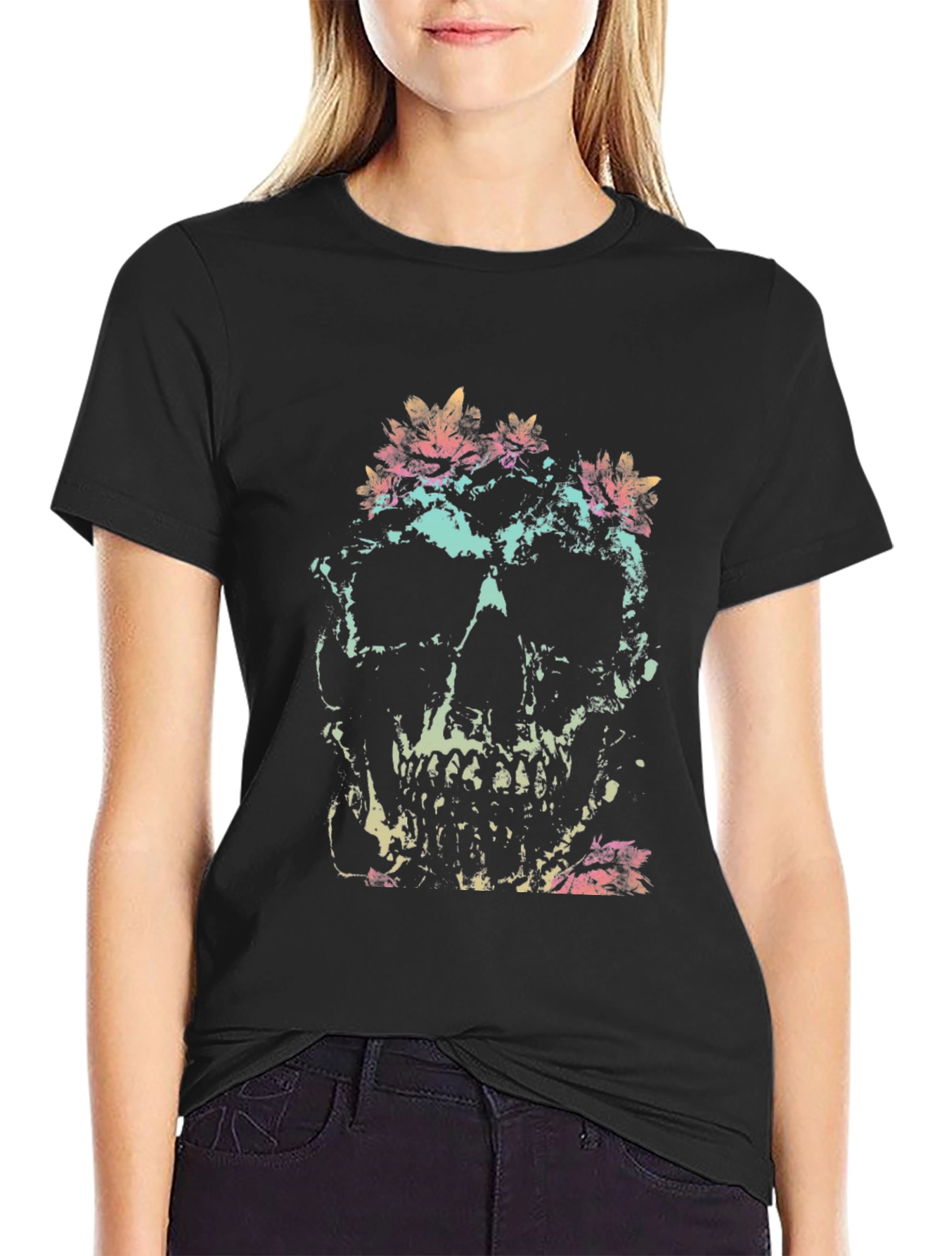 Skull & Floral Graphic Tee - Black Cotton