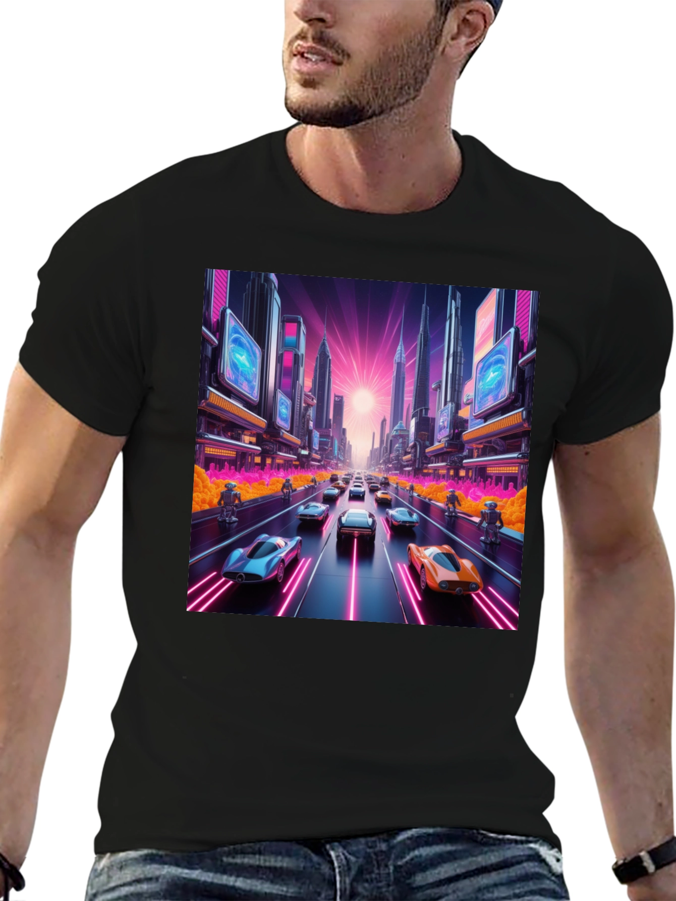 Cyberpunk Cityscape Car Race Graphic Tee