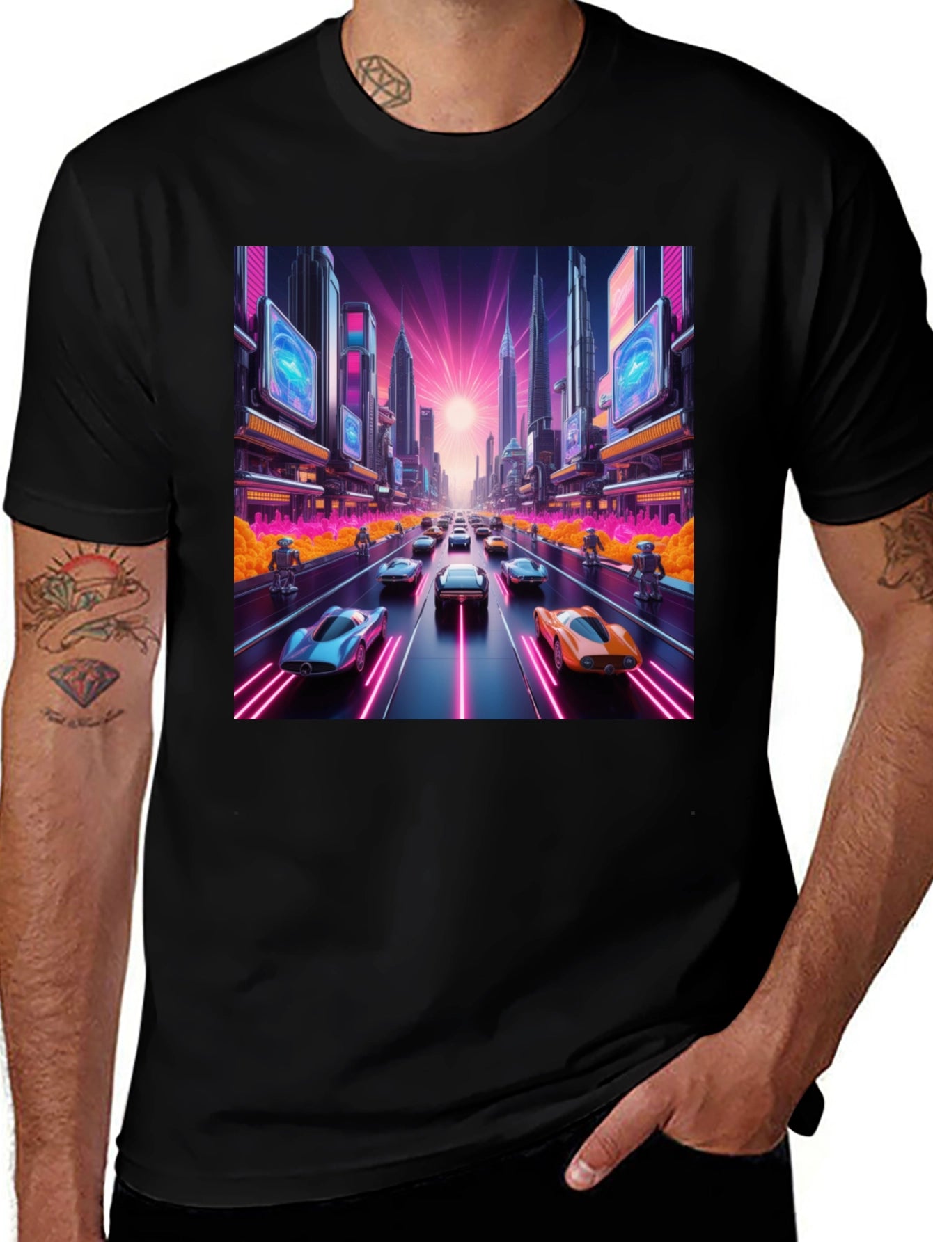 Cyberpunk Cityscape Car Race Graphic Tee