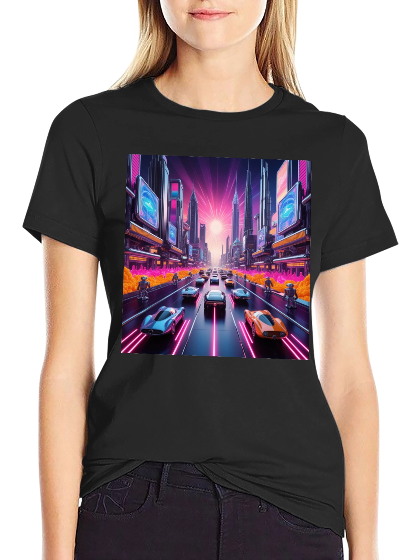 Cyberpunk Cityscape Car Race Graphic Tee