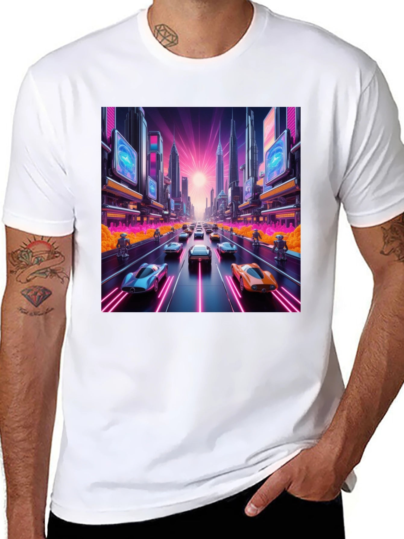 Cyberpunk Cityscape Car Race Graphic Tee