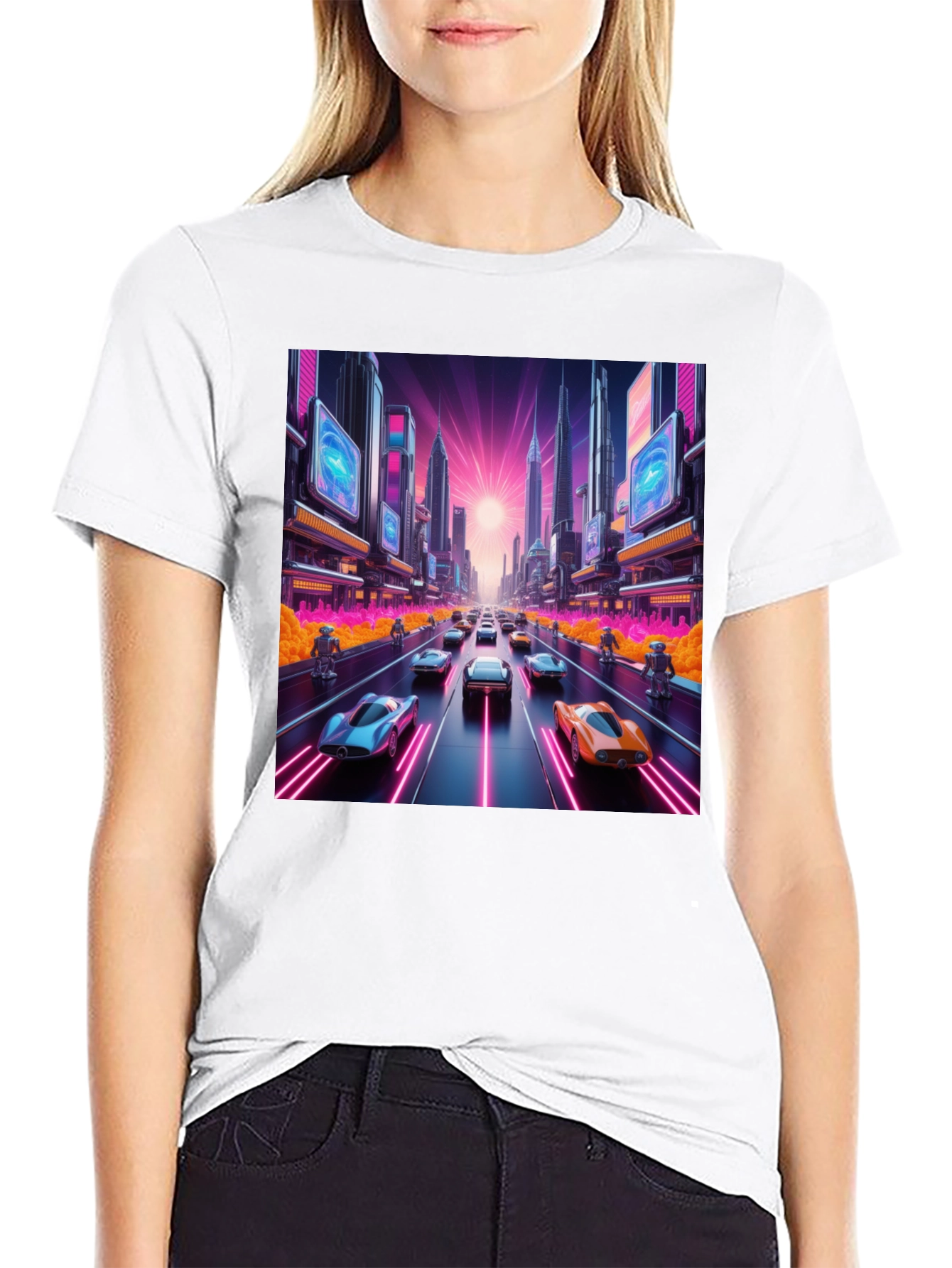 Cyberpunk Cityscape Car Race Graphic Tee
