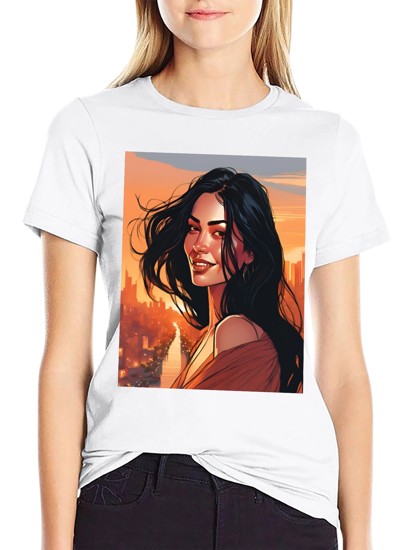 Stylish Graphic Tee - Woman Cityscape Design