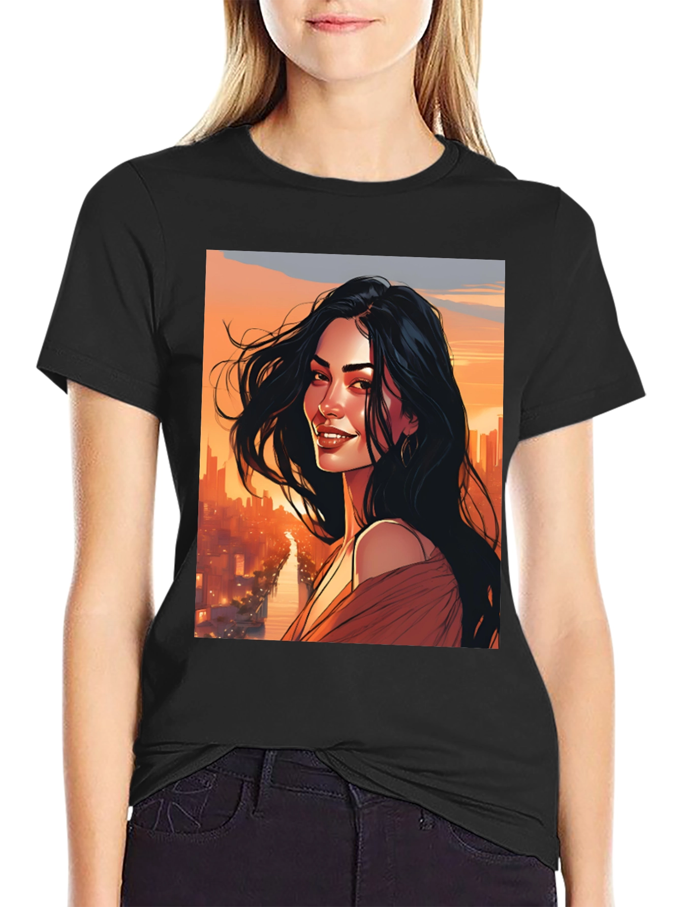 Stylish Graphic Tee - Woman Cityscape Design