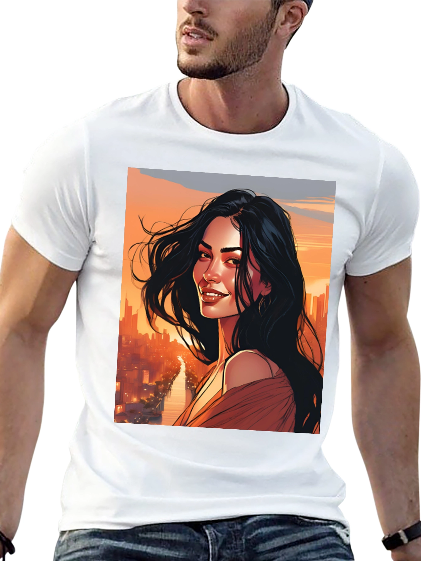Stylish Graphic Tee - Woman Cityscape Design