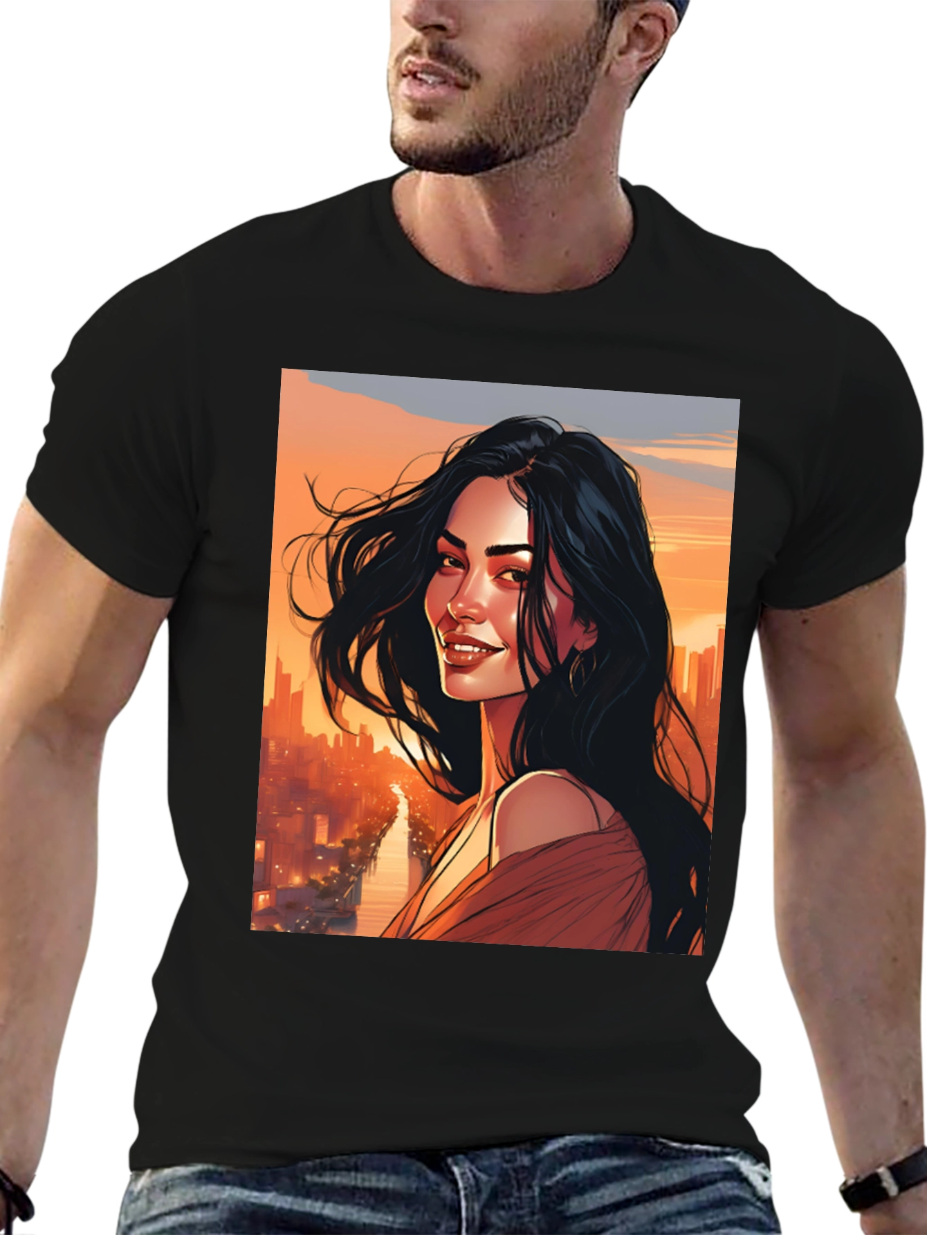 Stylish Graphic Tee - Woman Cityscape Design