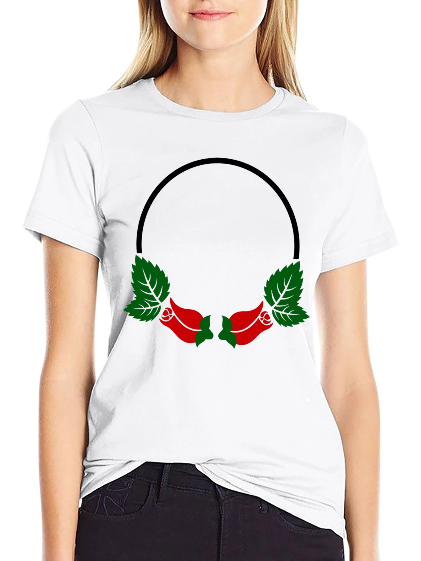 Black T-Shirt with Rose Wreath Design