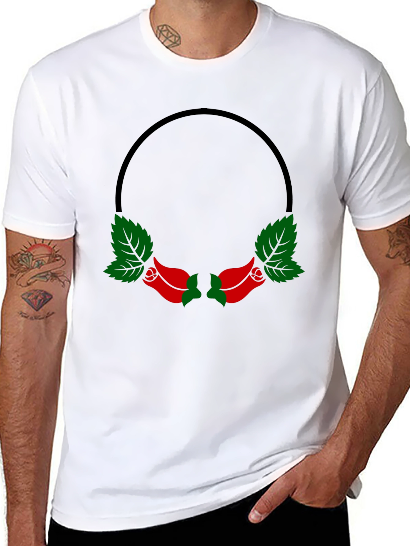 Black T-Shirt with Rose Wreath Design