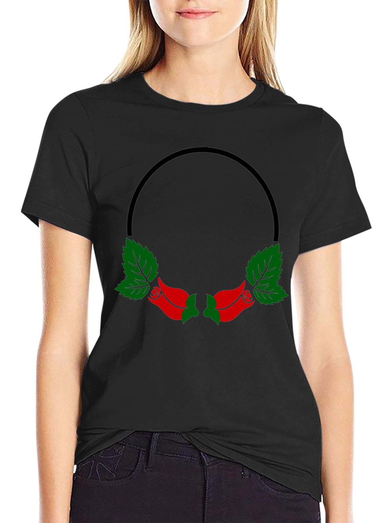 Black T-Shirt with Rose Wreath Design
