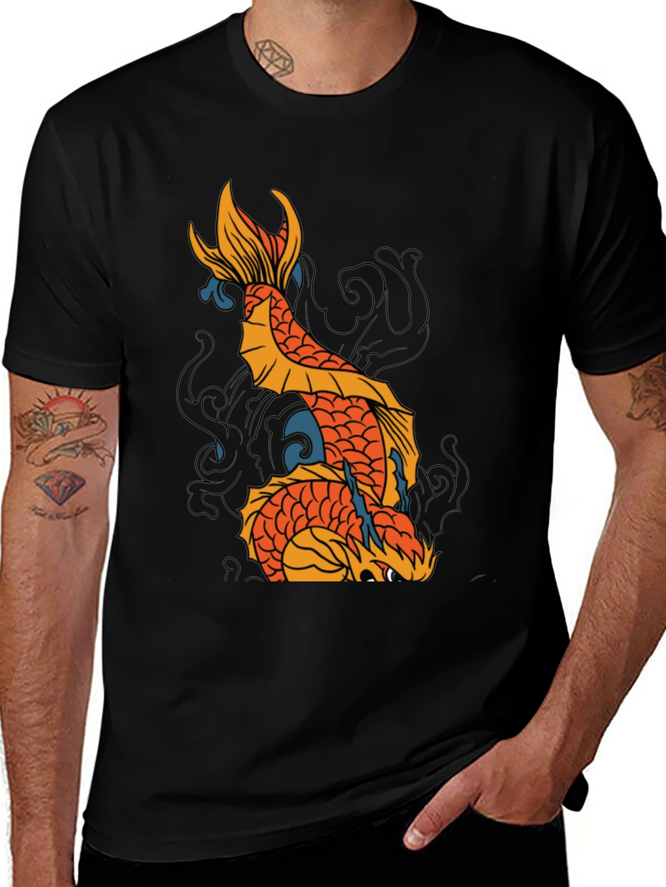 Koi Fish Graphic Print Black T-Shirt