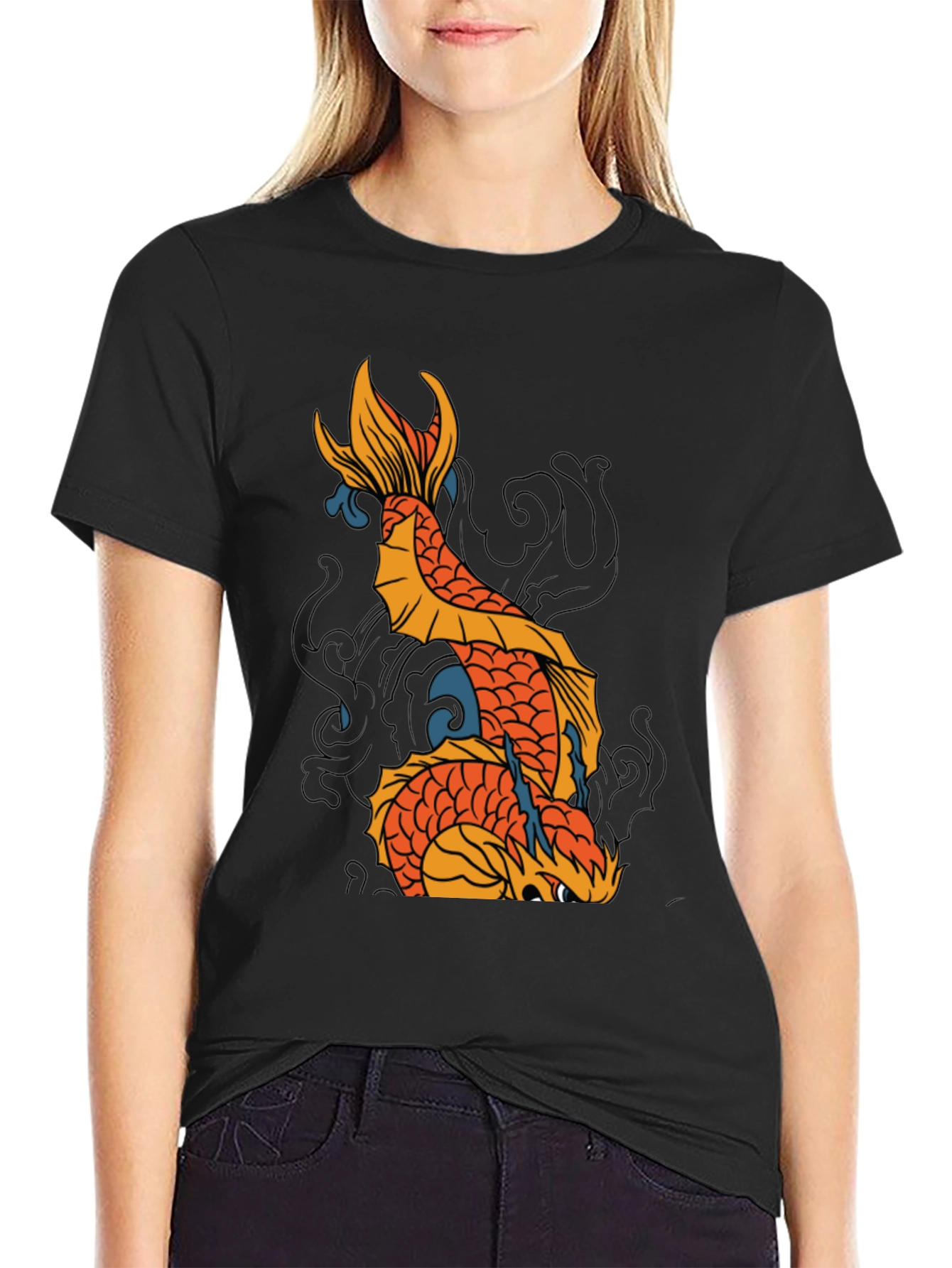 Koi Fish Graphic Print Black T-Shirt