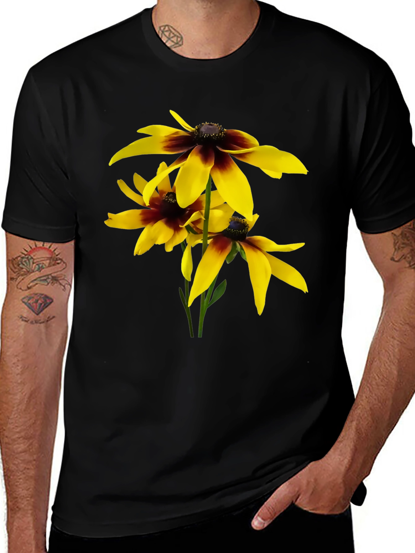 Black T-Shirt with Yellow Rudbeckia Flower Design