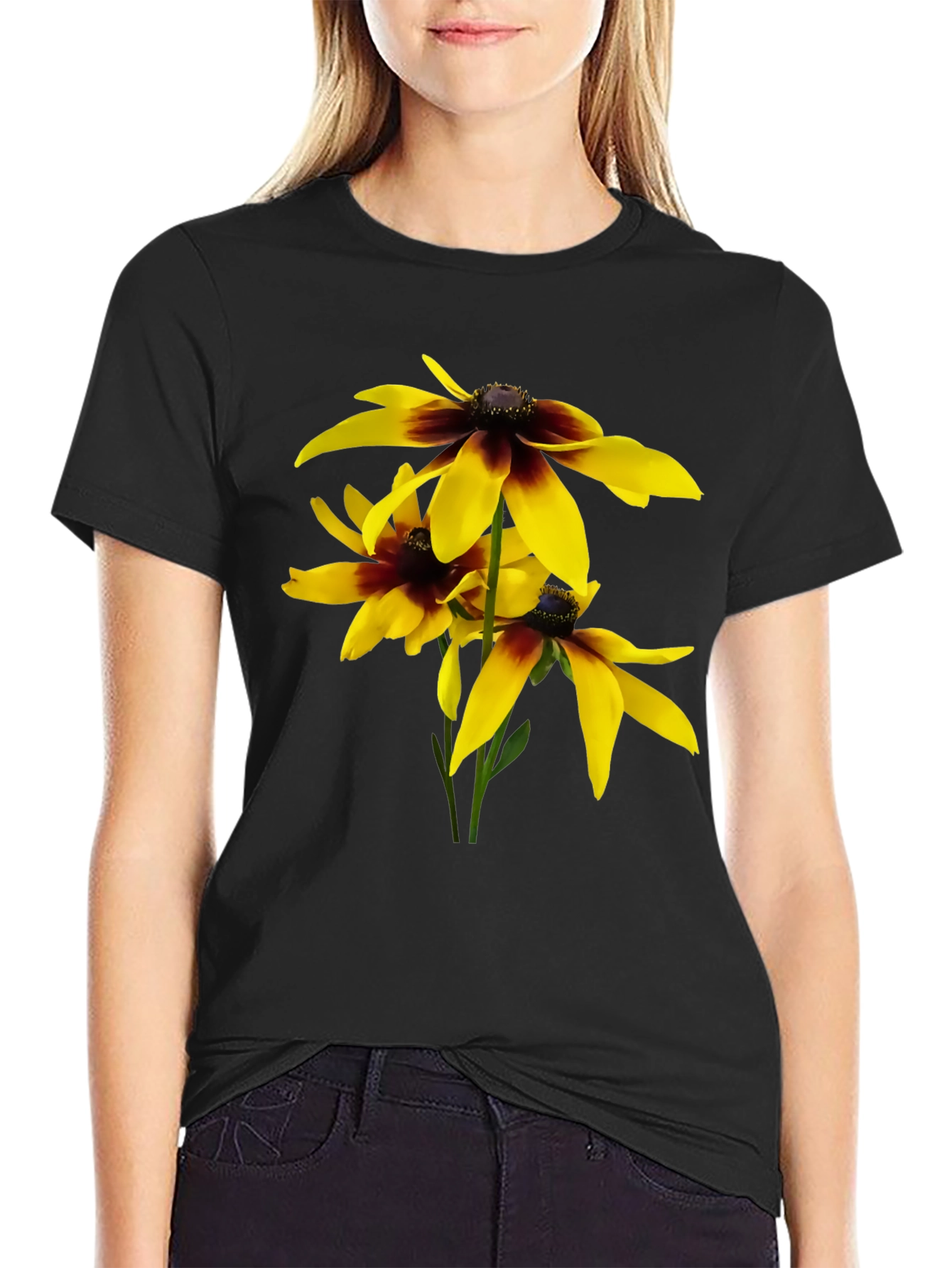 Black T-Shirt with Yellow Rudbeckia Flower Design