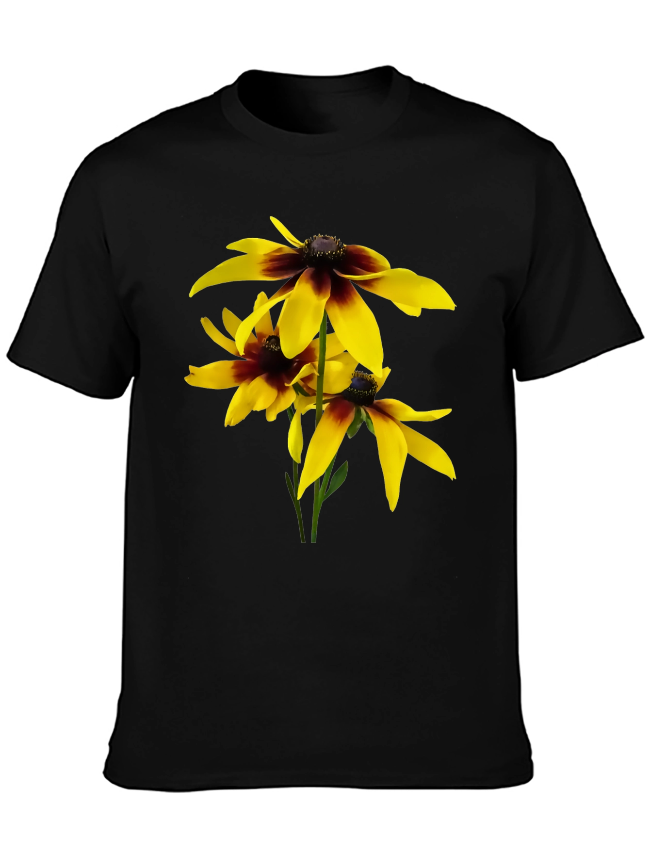 Black T-Shirt with Yellow Rudbeckia Flower Design