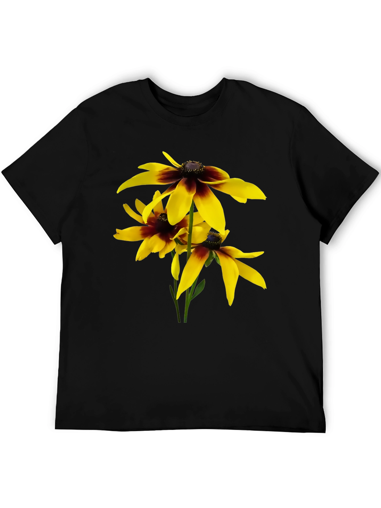 Black T-Shirt with Yellow Rudbeckia Flower Design