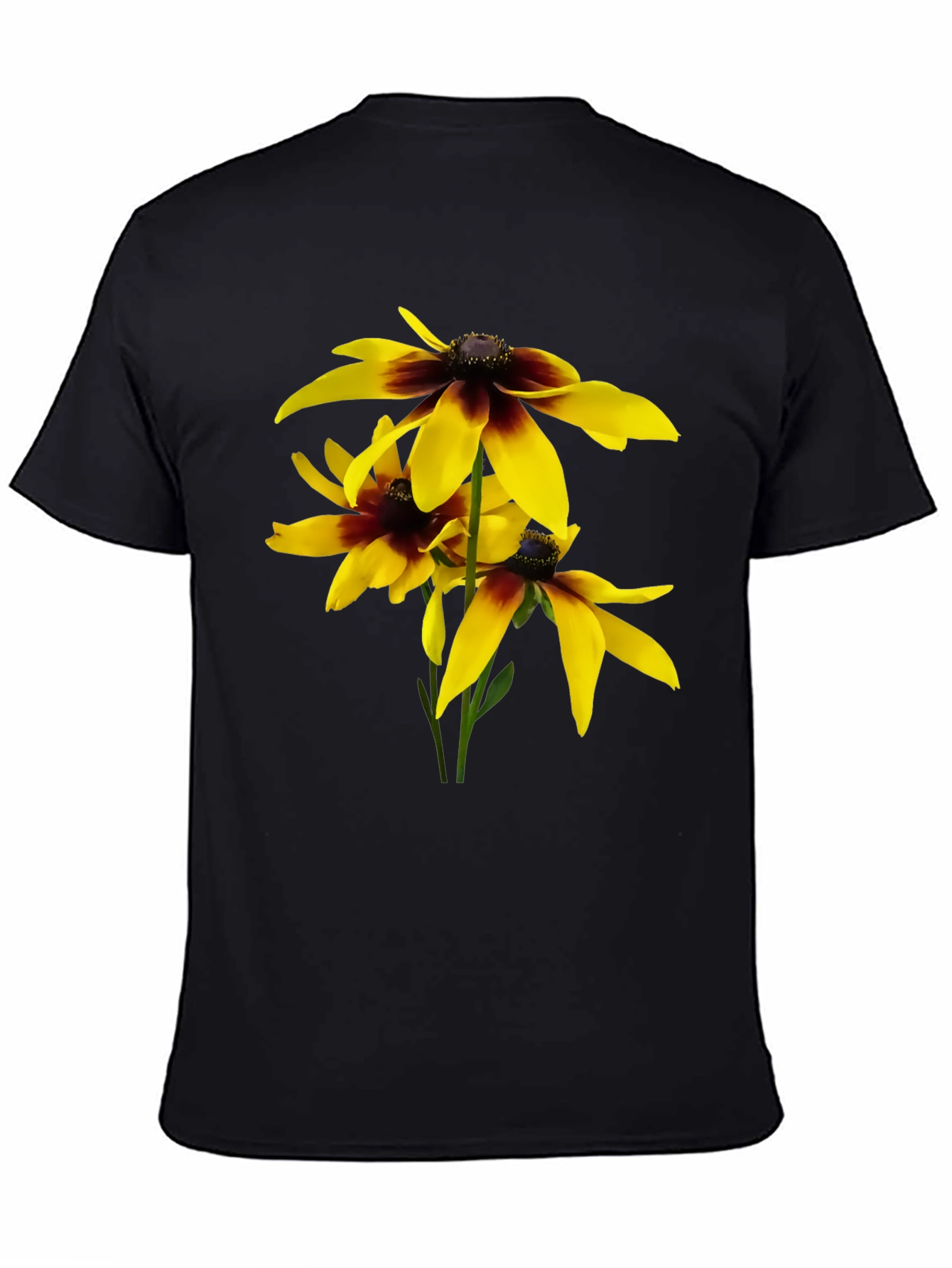 Black T-Shirt with Yellow Rudbeckia Flower Design