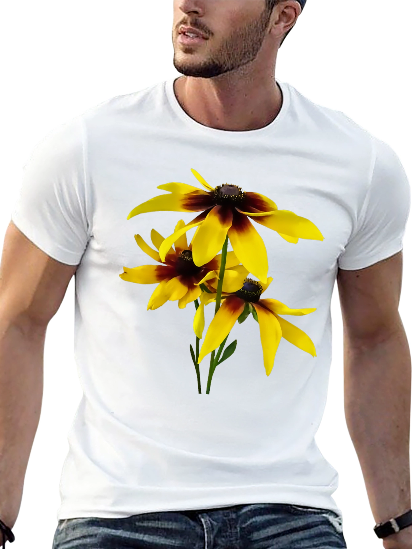 Black T-Shirt with Yellow Rudbeckia Flower Design