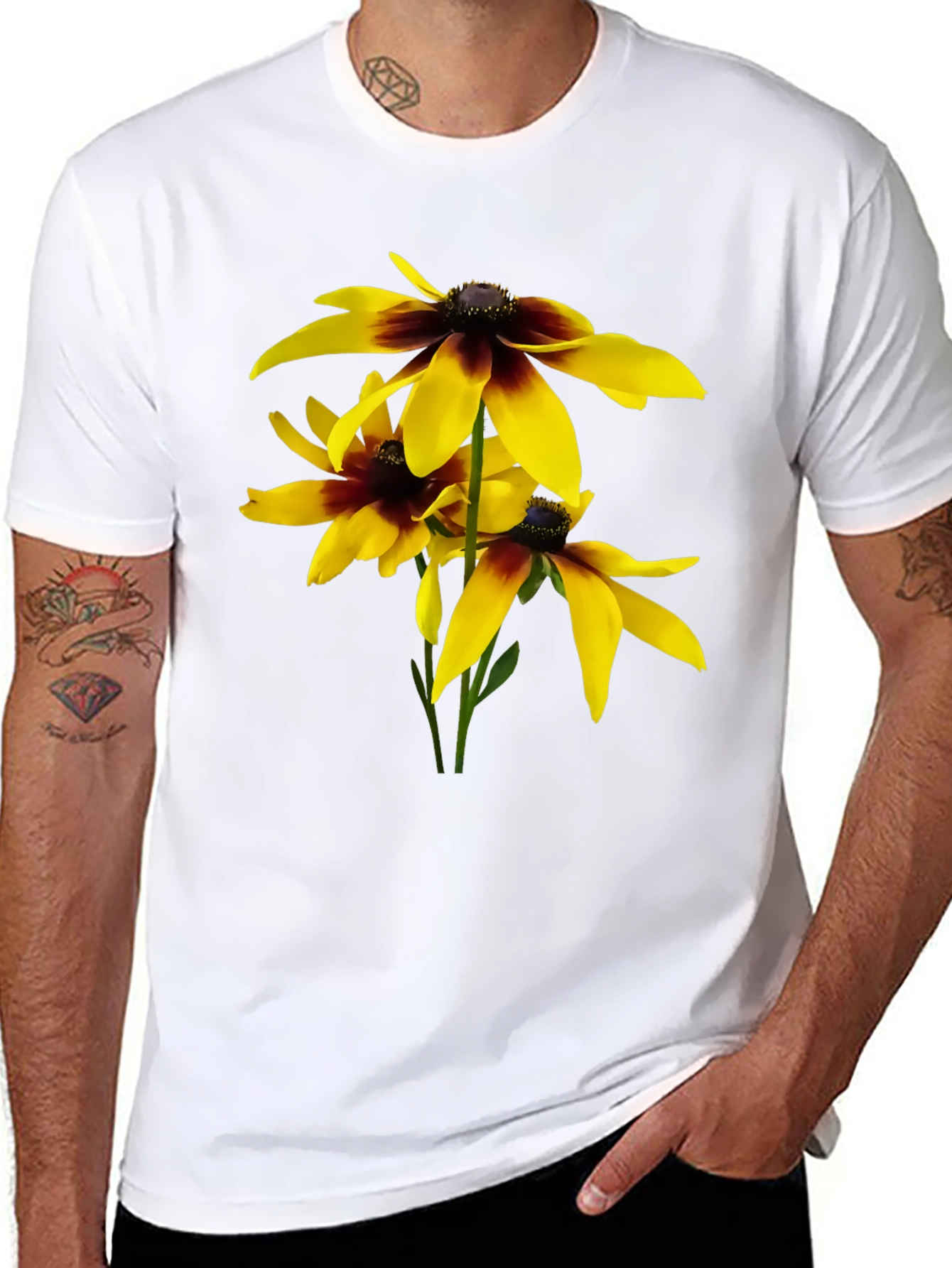 Black T-Shirt with Yellow Rudbeckia Flower Design